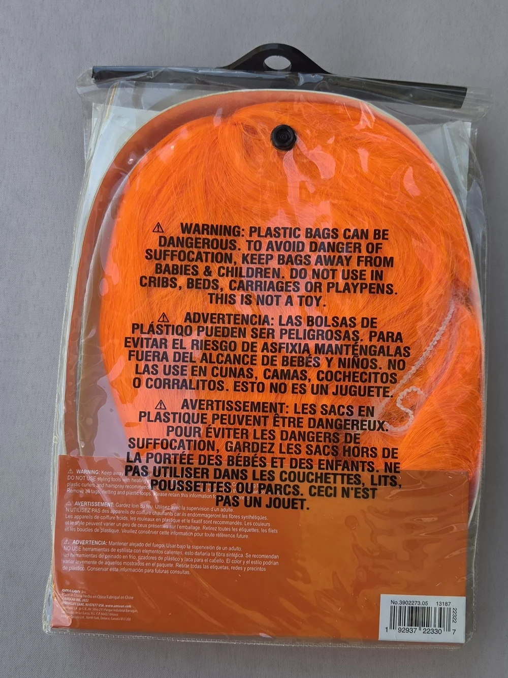 NWT Amscan Orange Long Bob Costume Wig with Bangs Unopened